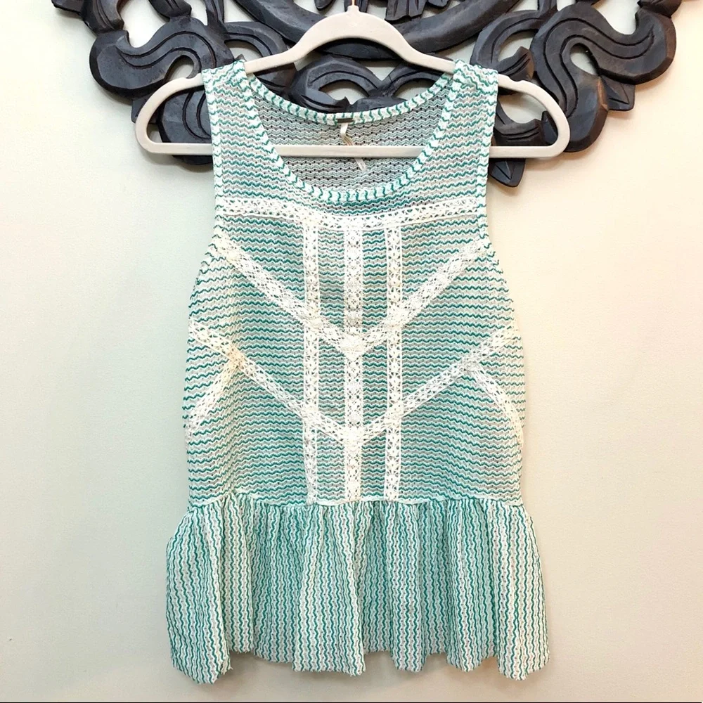 Free People Green Lace Crochet Stripe Peplum Top
